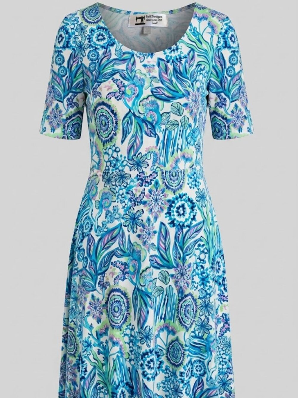 Blue Floral-Print Cotton Midi Dress with Short Sleeves Petite Small Handcrafted
